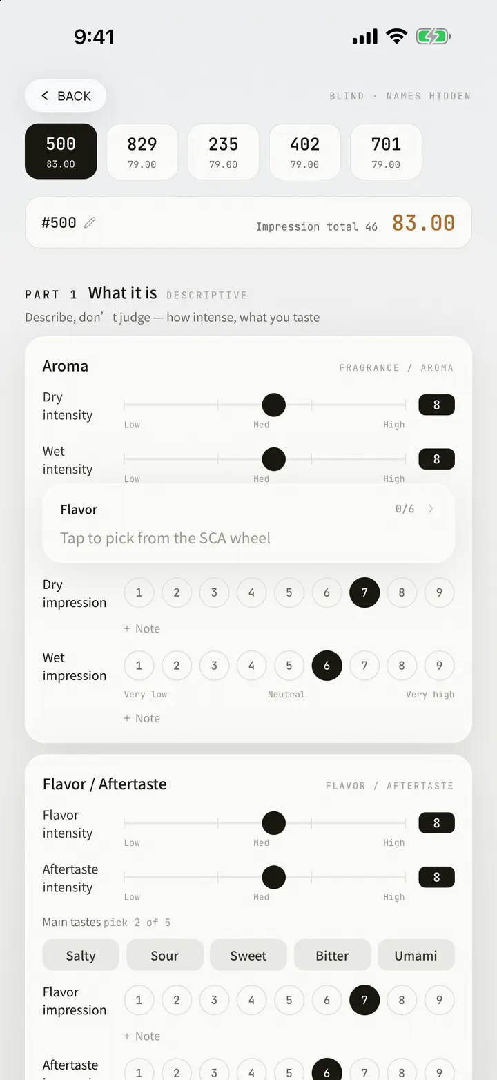 The sample scoring page of an OLLA assessment session, on an iPhone 17 Pro Max: five blind codes, the cup description’s intensities and the quality impressions