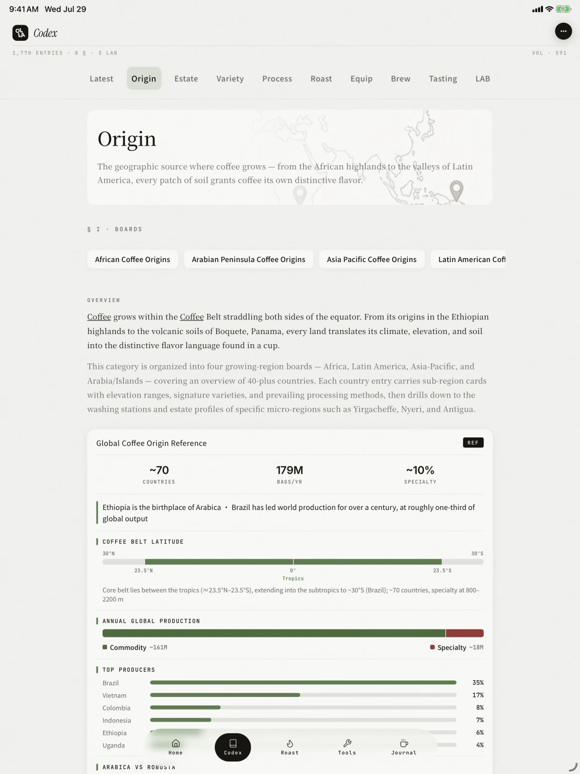 OLLA Codex Origin reference on iPad in portrait